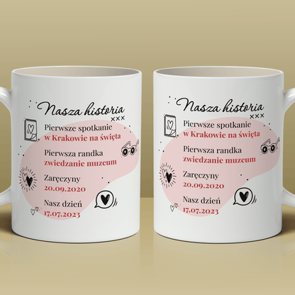 Nasza historia - Zestaw 2 x Kubek z nadrukiem, spersonalizowany prezent dla pary - Adamell.pl