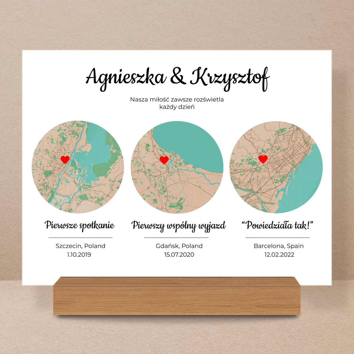 Nasza mapa wspomnień - Druk na szkle, spersonalizowany prezent dla pary - Adamell.pl