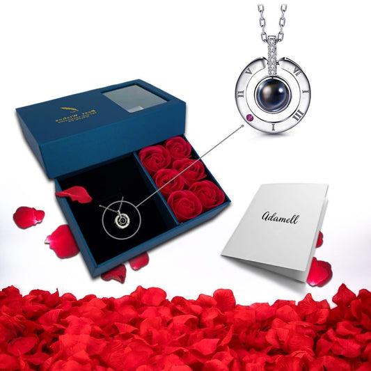 Niebieskie Pudełko z Różami na biżuterię + łańcuszek, Wyjatkowy pomysł na prezent dla dziewczyny, przyjaciółki, kobiety, na walentynki, na 18 urodziny - Adamell.pl - Wyjątkowe Prezenty