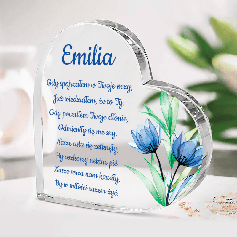 Niebieskie tulipany - Szklane serce, spersonalizowany prezent dla kobiety - Adamell.pl