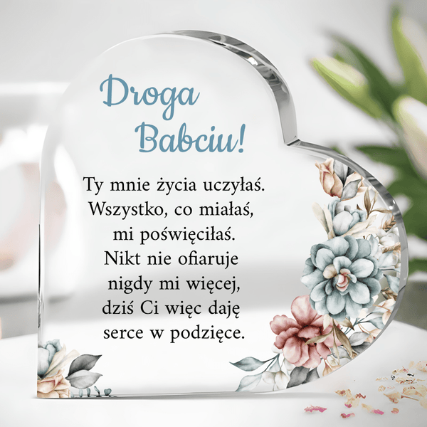 Pastelowe kwiaty - Szklane serce, spersonalizowany prezent dla babci - Adamell.pl