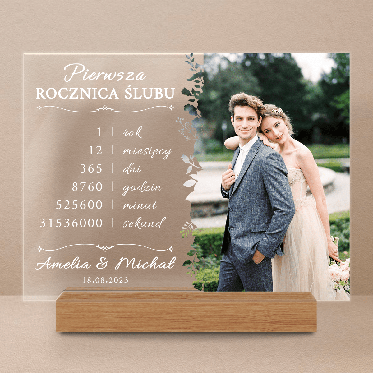 Pierwsza rocznica ślubu - Druk na szkle, spersonalizowany prezent dla pary - Adamell.pl