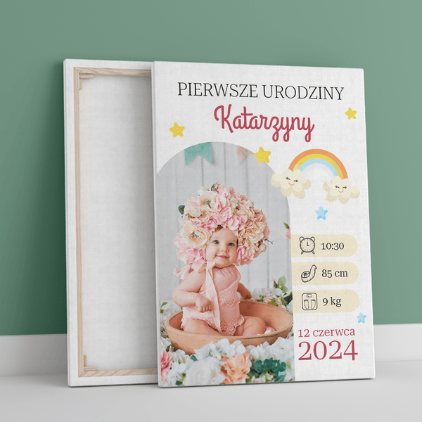 Pierwsze urodziny pamiątka - druk na płótnie, spersonalizowany prezent dla dziecka - Adamell.pl