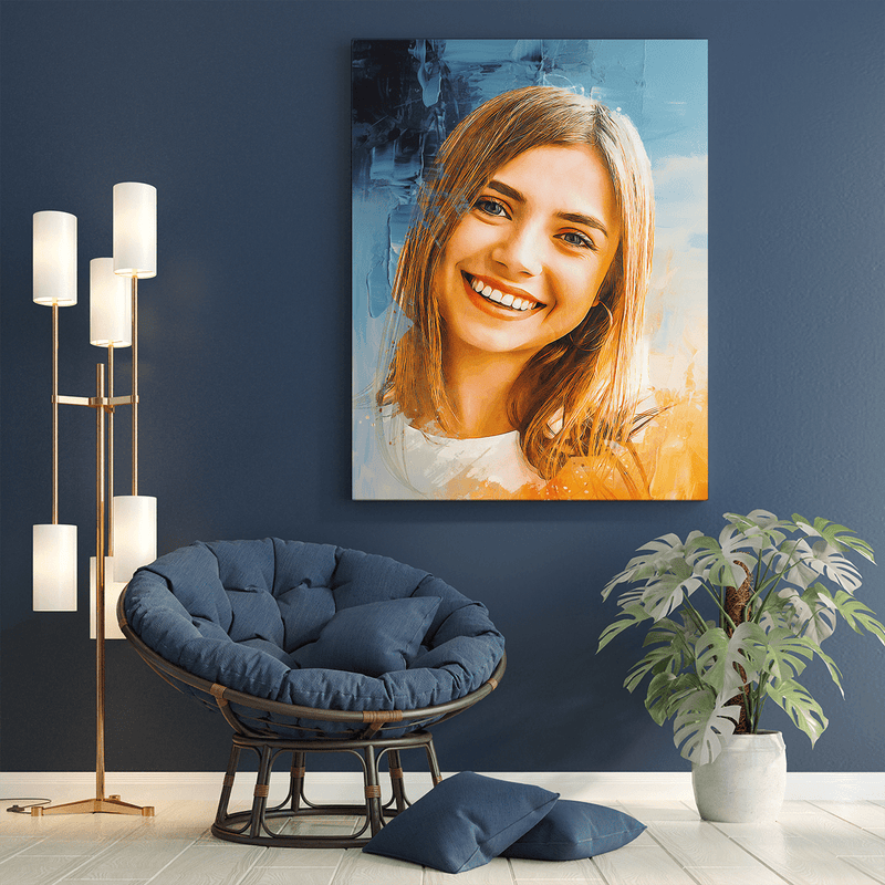 Portret na błękitnym tle - druk na płótnie, spersonalizowany prezent dla niej - Adamell.pl