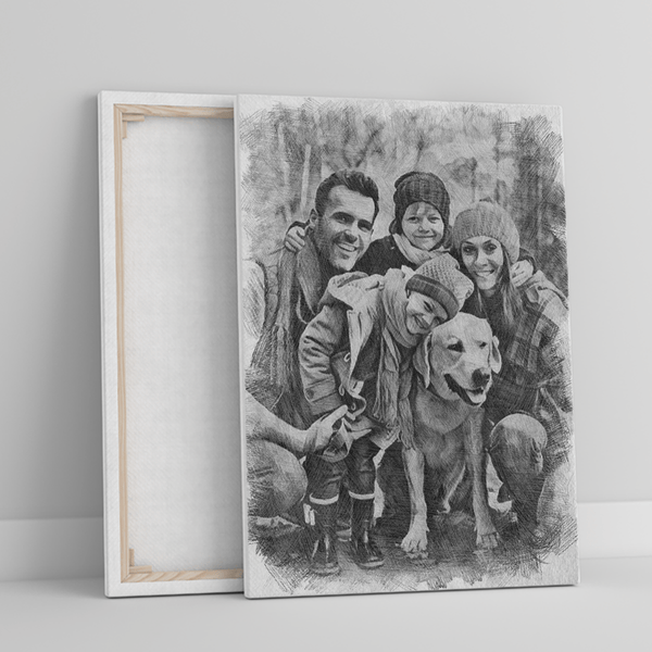 Portret rodzinny szkic ołówkiem - druk na płótnie, spersonalizowany prezent dla rodziców - Adamell.pl
