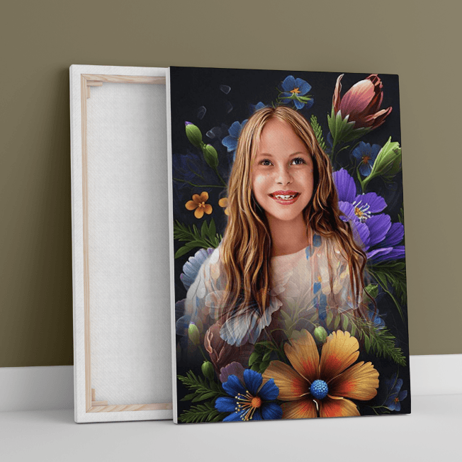 Portret z kwiatowym tłem - druk na płótnie, spersonalizowany prezent dla dziecka - Adamell.pl - Wyjątkowe Prezenty