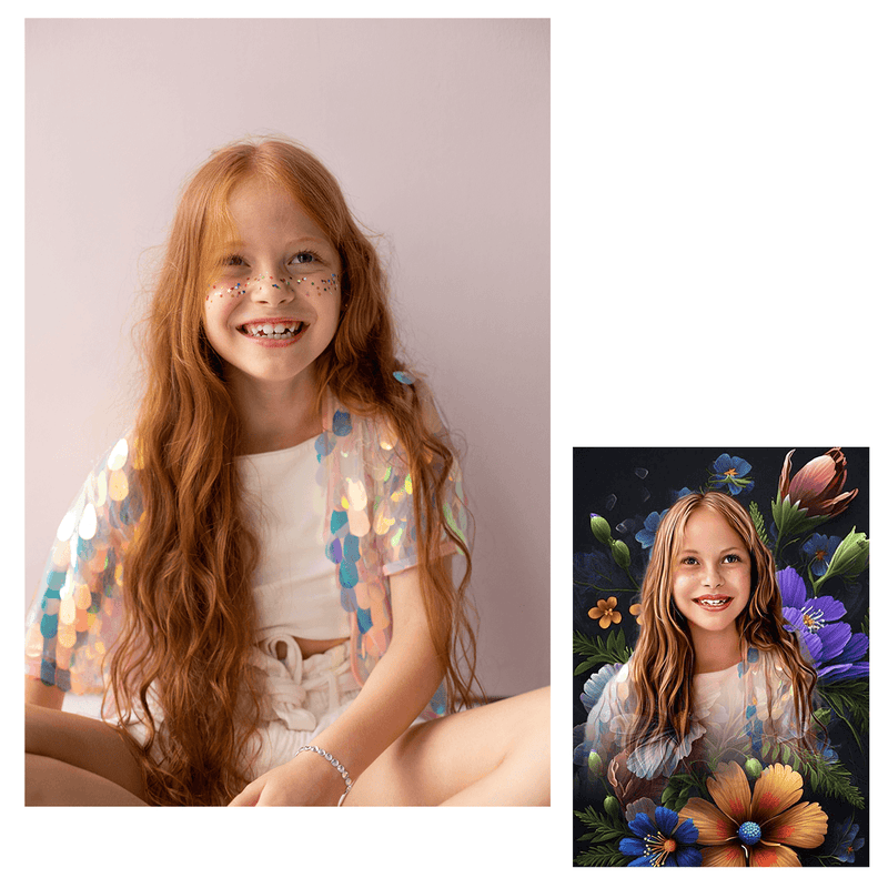 Portret z kwiatowym tłem - druk na płótnie, spersonalizowany prezent dla dziecka - Adamell.pl - Wyjątkowe Prezenty