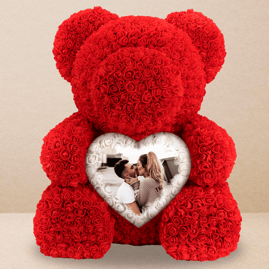 Różany miś plus serce - Miś z róż z nadrukiem, spersonalizowany prezent - Adamell.pl - Wyjątkowe Prezenty