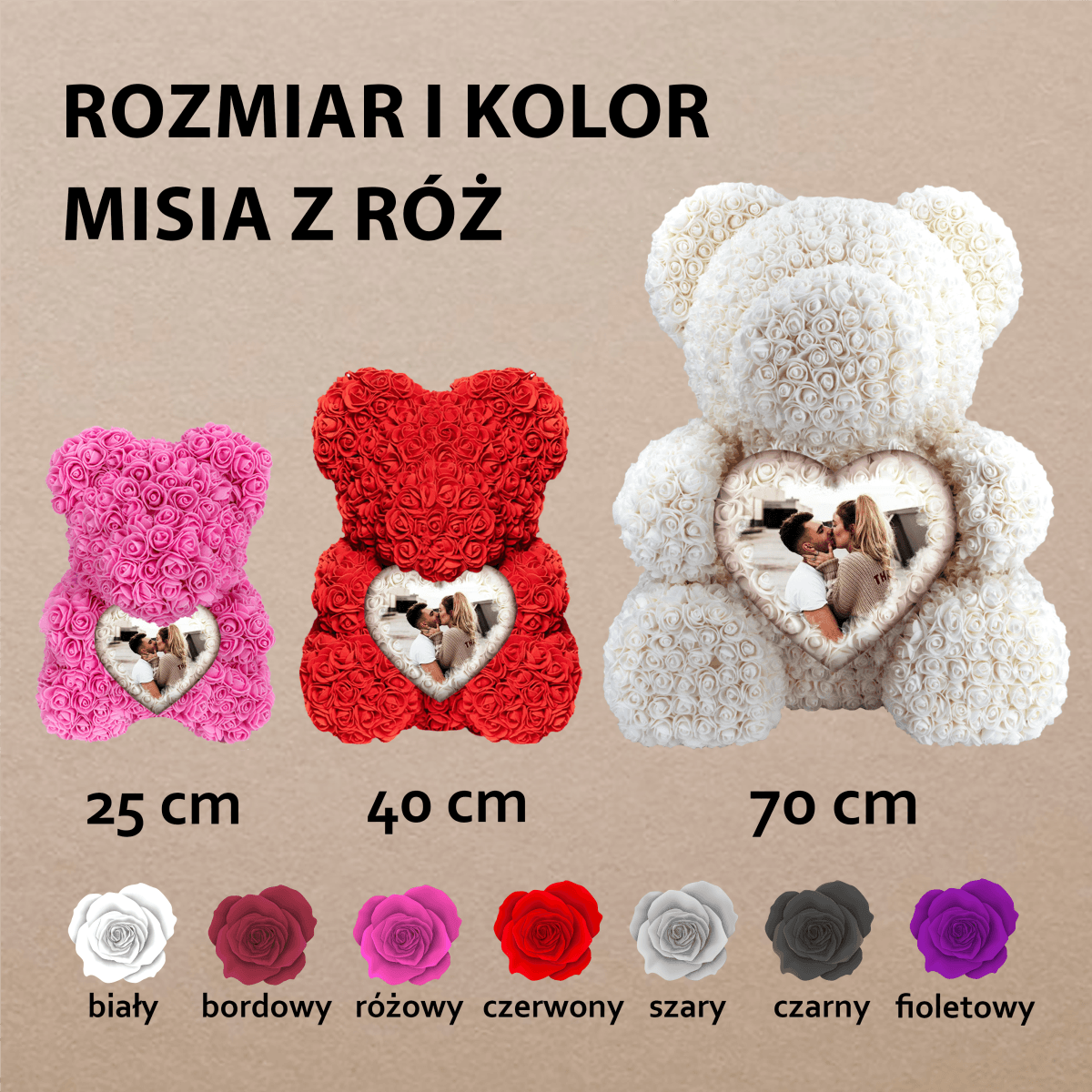 Różany miś plus serce - Miś z róż z nadrukiem, spersonalizowany prezent - Adamell.pl - Wyjątkowe Prezenty