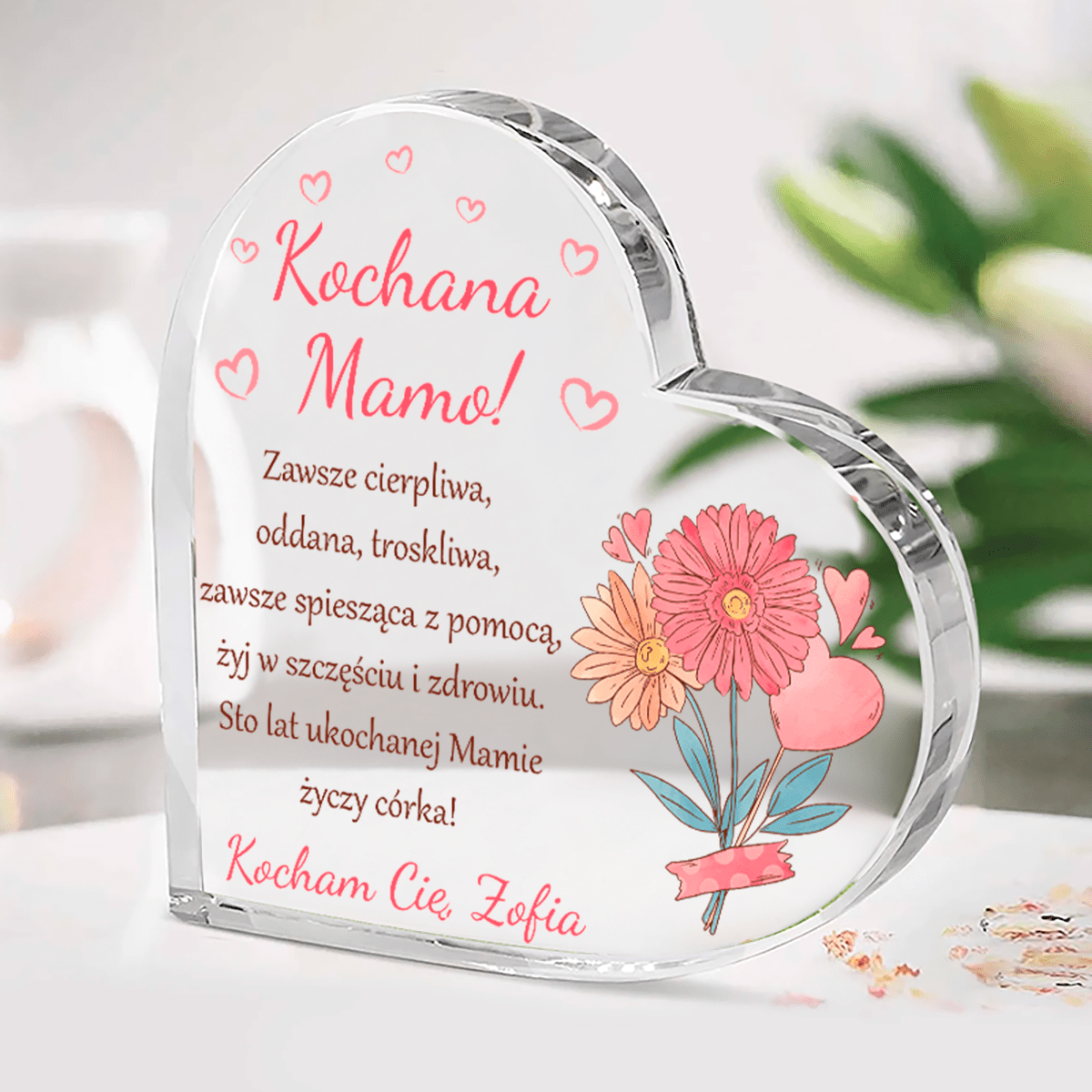 Różowe kwiaty i serca - Szklane serce, spersonalizowany prezent dla mamy - Adamell.pl