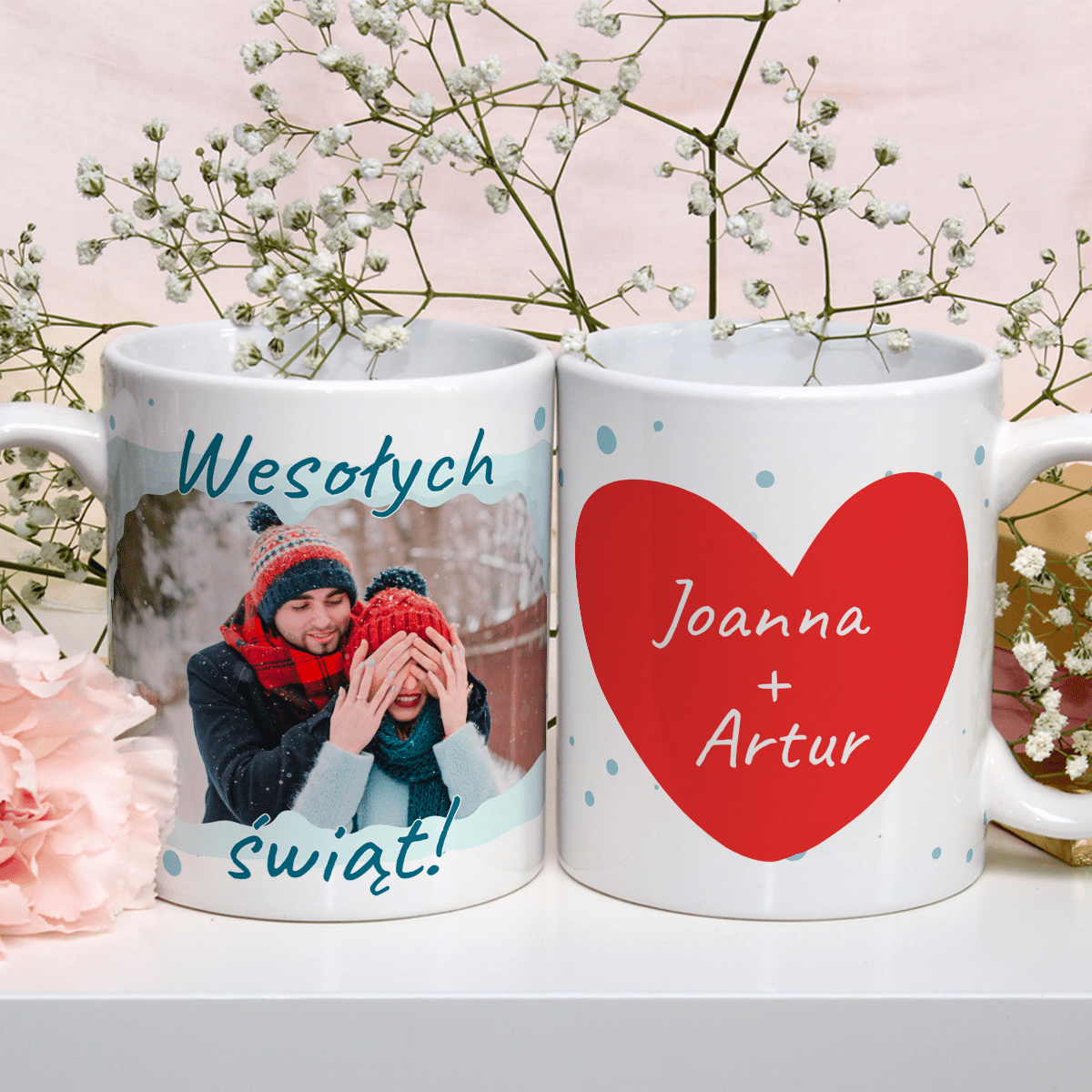 Serce imiona + zdjęcie - 1x Kubek z nadrukiem, spersonalizowany prezent dla pary - Adamell.pl