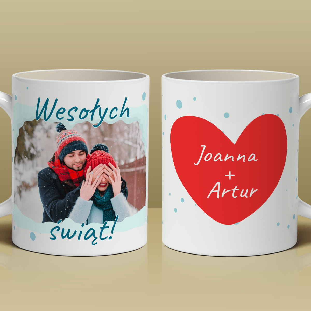 Serce imiona + zdjęcie - 1x Kubek z nadrukiem, spersonalizowany prezent dla pary - Adamell.pl