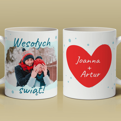 Serce imiona + zdjęcie - 1x Kubek z nadrukiem, spersonalizowany prezent dla pary - Adamell.pl