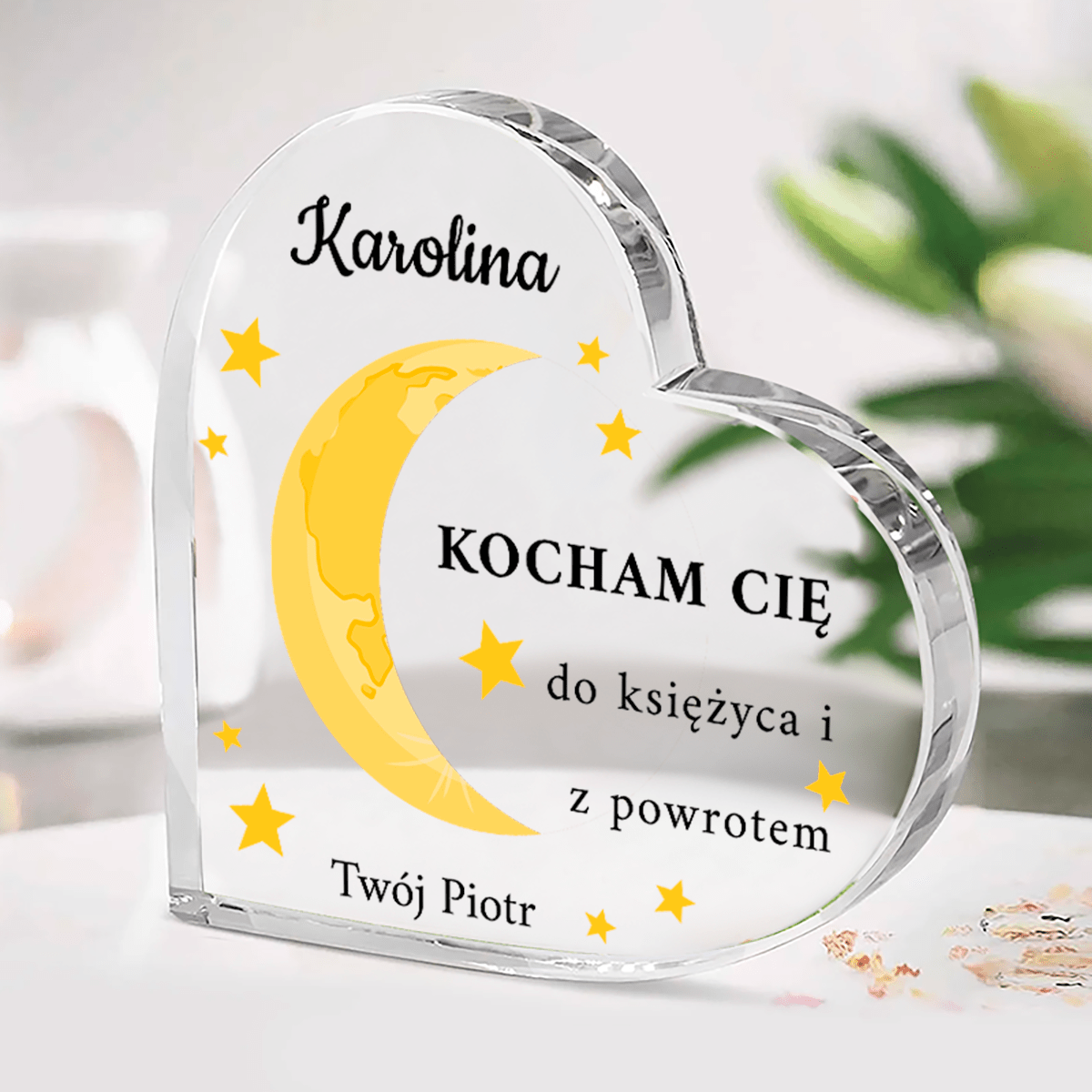 Serce z motywem księżyca - Szklane serce, spersonalizowany prezent dla niej - Adamell.pl