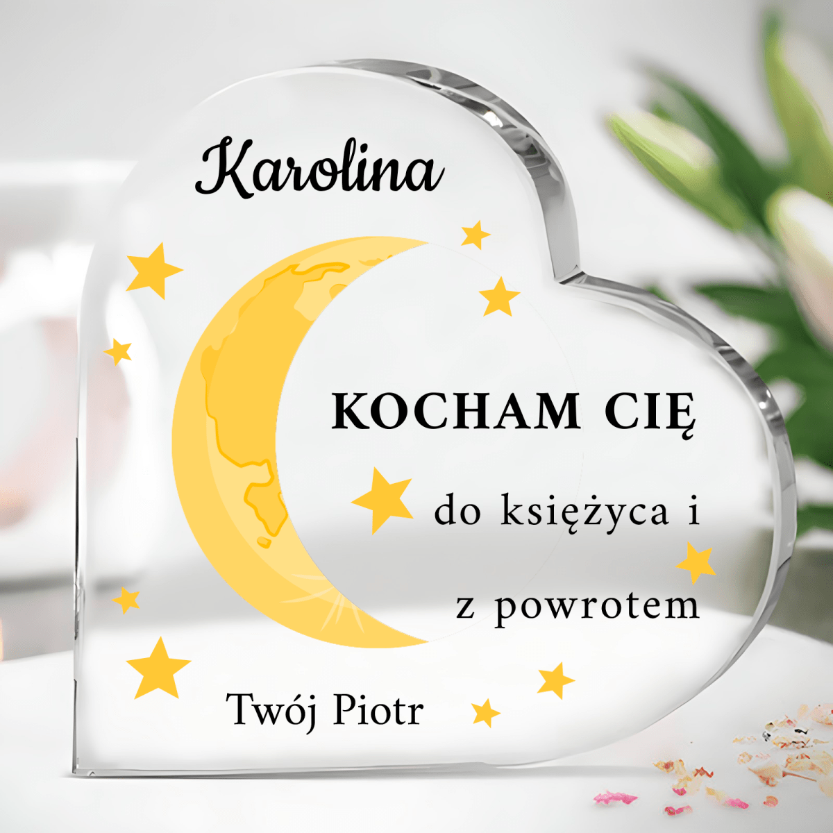 Serce z motywem księżyca - Szklane serce, spersonalizowany prezent dla niej - Adamell.pl