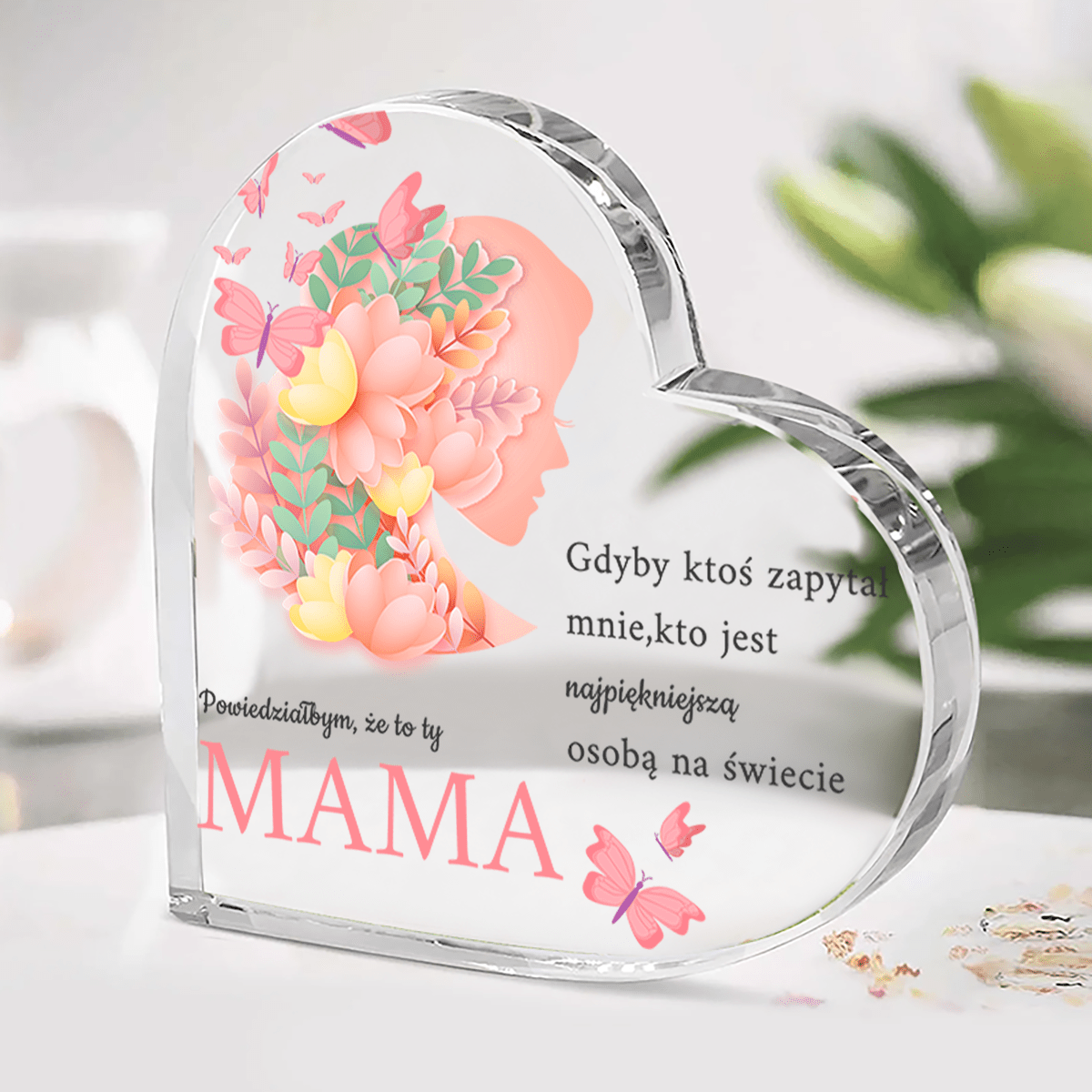 Serce z napisem najpiękniejsza mama - Szklane serce, spersonalizowany prezent dla mamy - Adamell.pl