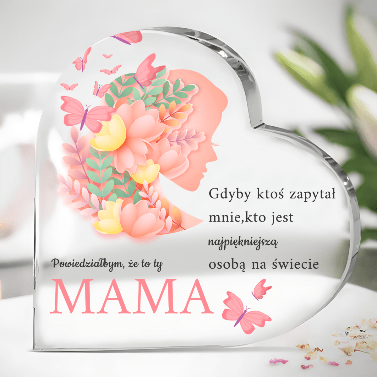 Serce z napisem najpiękniejsza mama - Szklane serce, spersonalizowany prezent dla mamy - Adamell.pl