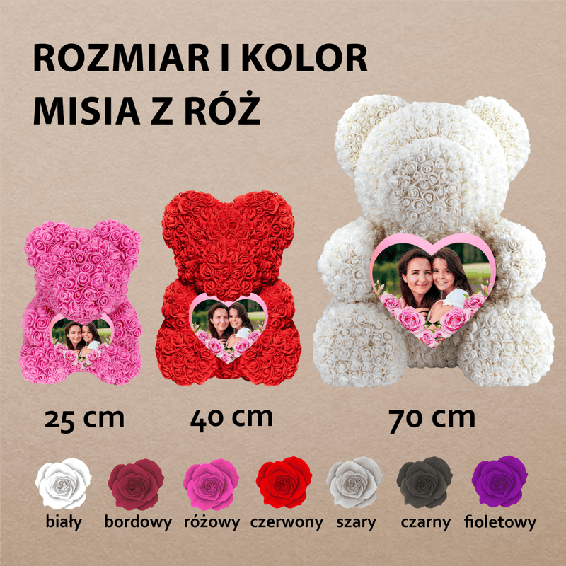 Serce z różami - Miś z róż z wydrukiem, spersonalizowany prezent dla mamy - Adamell.pl