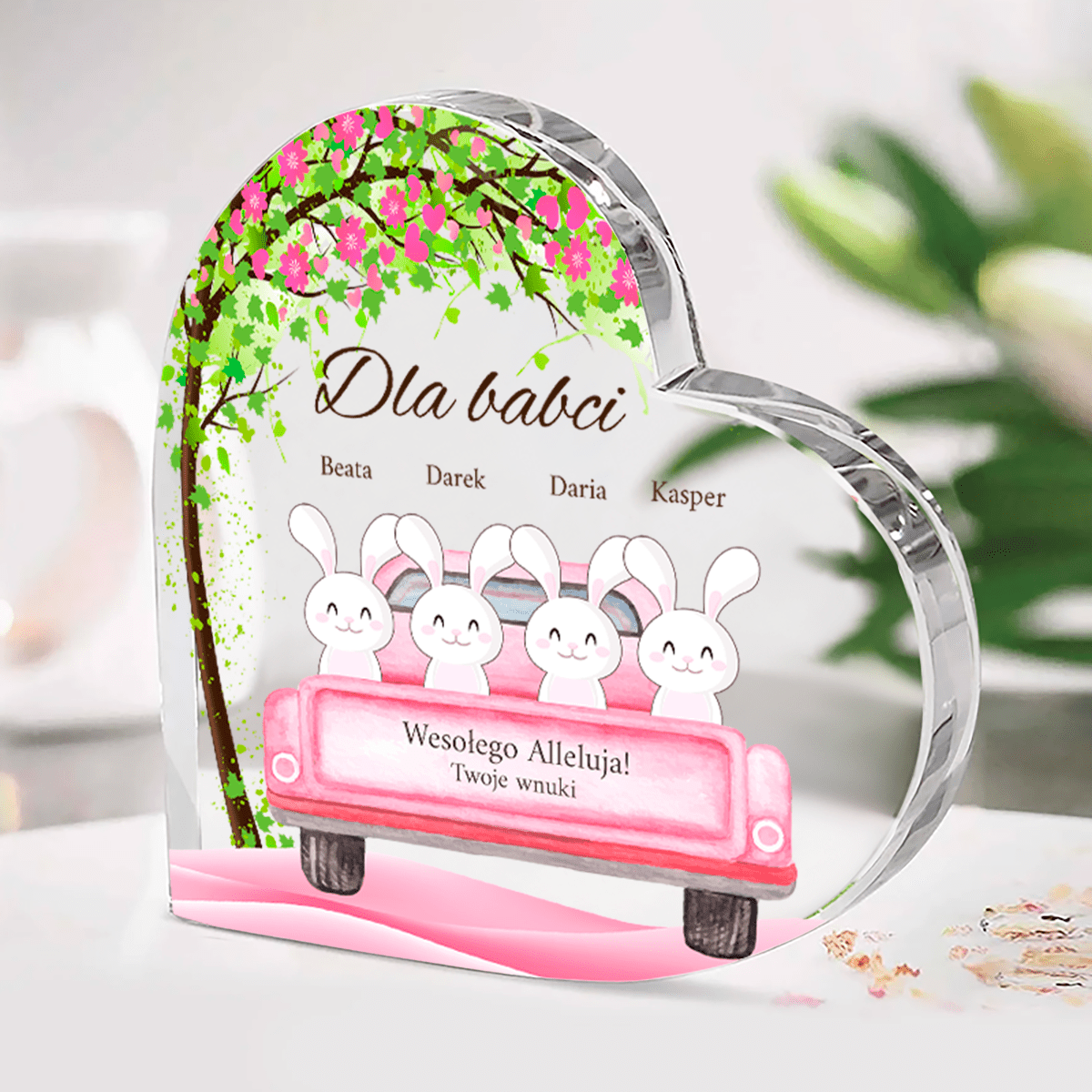 Słodkie króliczki - Szklane serce, spersonalizowany prezent dla babci - Adamell.pl