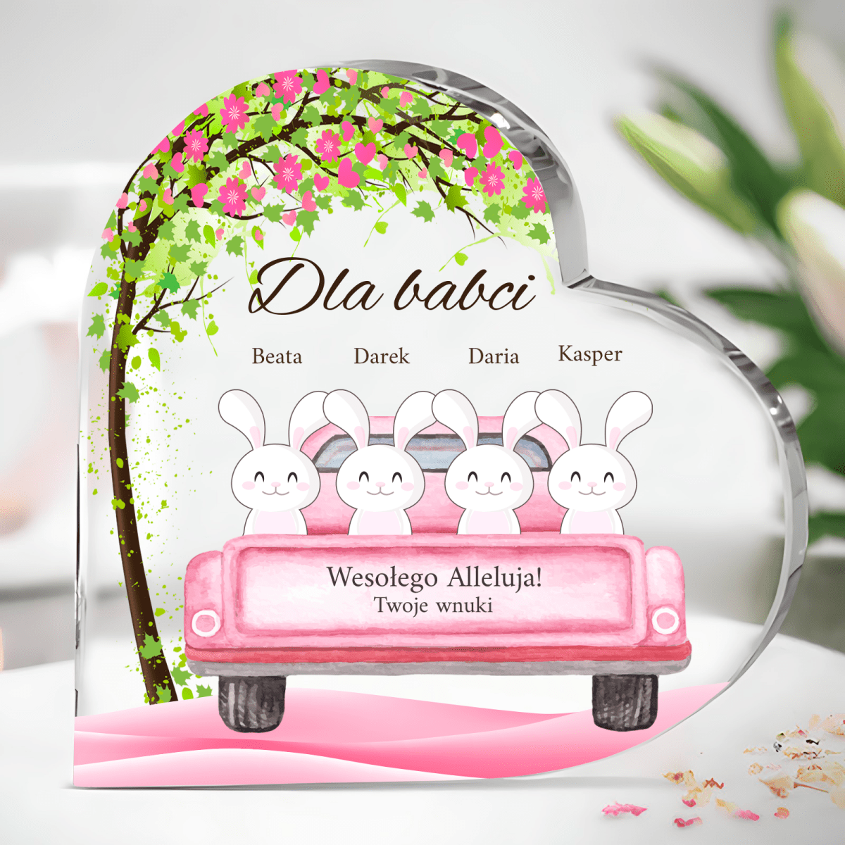 Słodkie króliczki - Szklane serce, spersonalizowany prezent dla babci - Adamell.pl