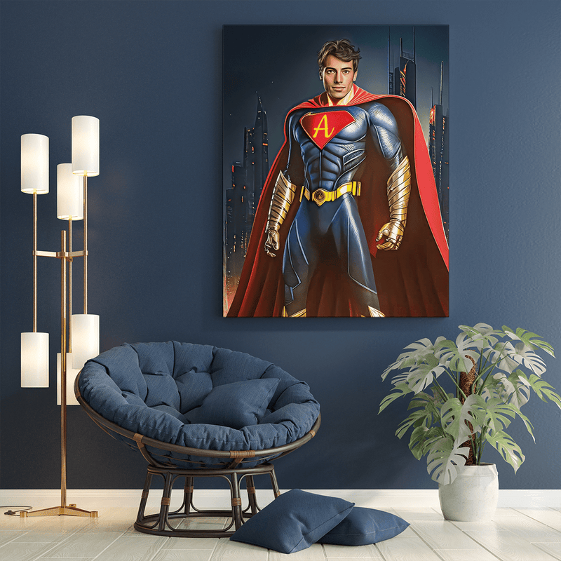 Superbohater portret - druk na płótnie, spersonalizowany prezent dla chłopaka - Adamell.pl