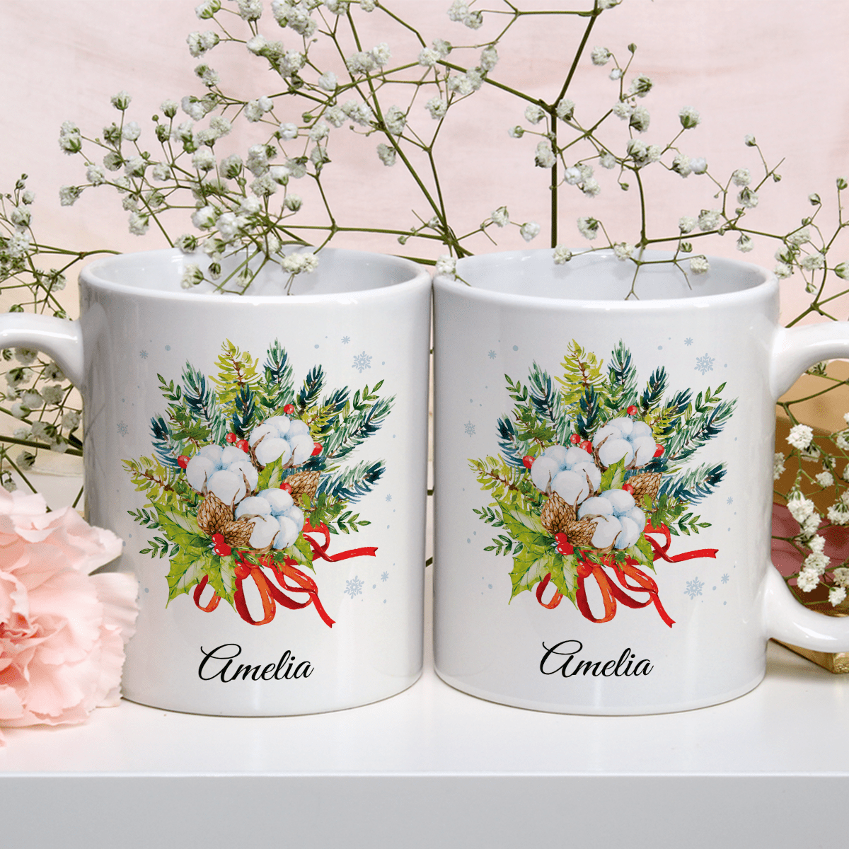 Świąteczna grafika + imię - 1x Kubek z nadrukiem, spersonalizowany prezent dla niej - Adamell.pl