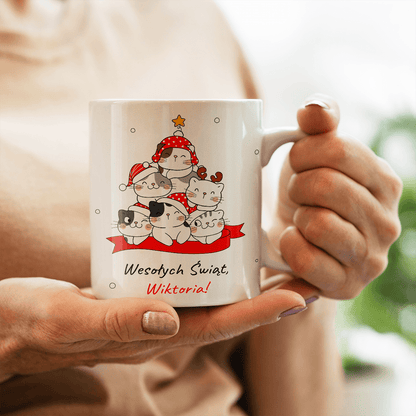 Świąteczne kotki - 1x Kubek z nadrukiem, spersonalizowany prezent dla przyjaciółki - Adamell.pl