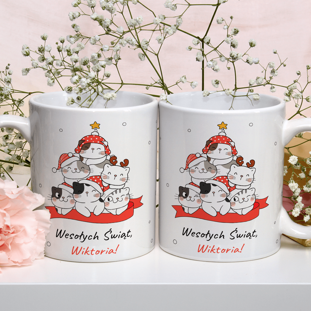 Świąteczne kotki - 1x Kubek z nadrukiem, spersonalizowany prezent dla przyjaciółki - Adamell.pl