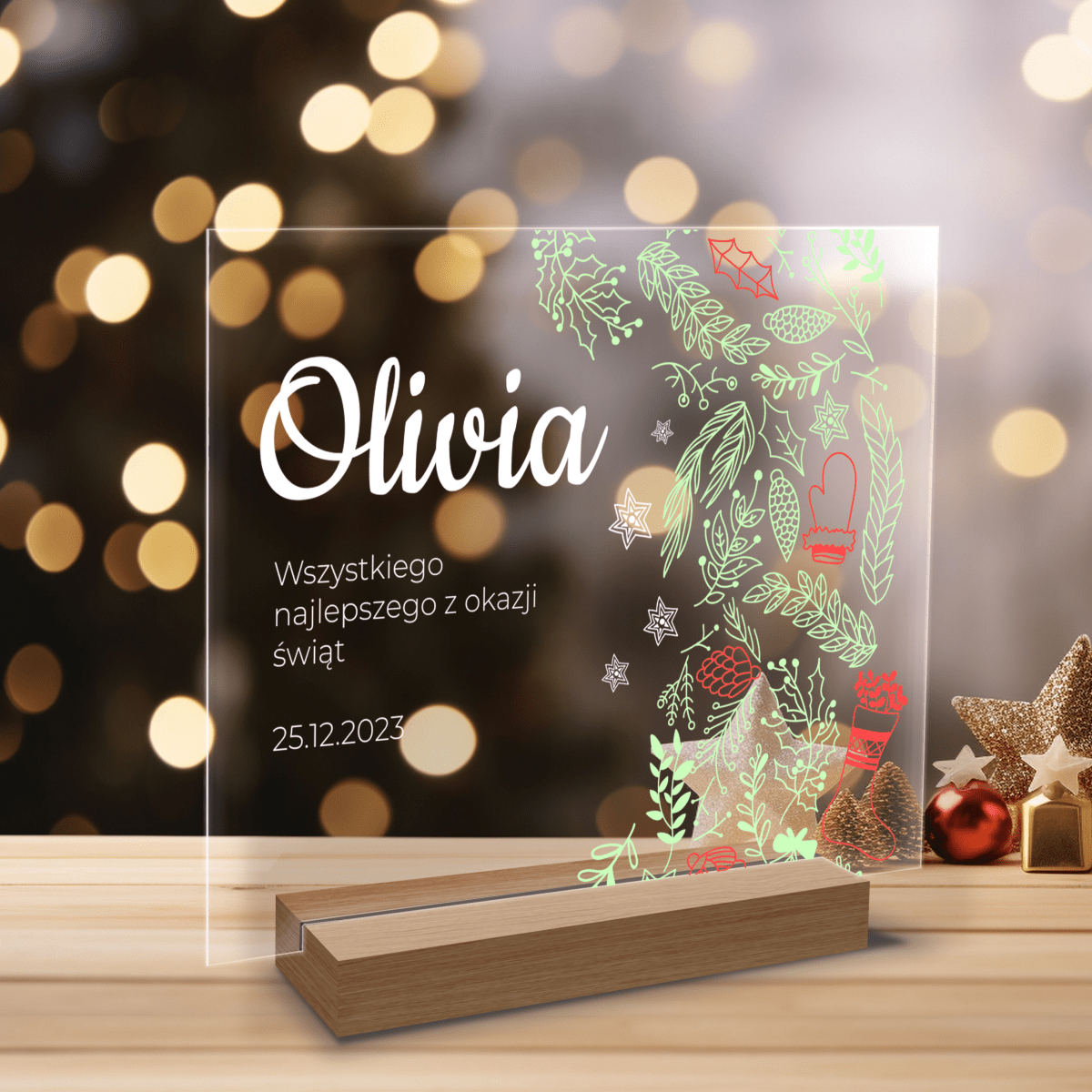 Świąteczne życzenia + imię - Druk na szkle, spersonalizowany prezent dla dziecka - Adamell.pl