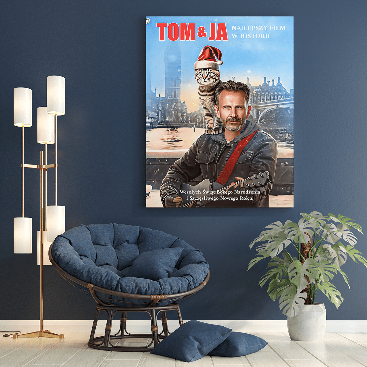 Świąteczny plakat z kotem - druk na płótnie, spersonalizowany prezent dla kociarza - Adamell.pl