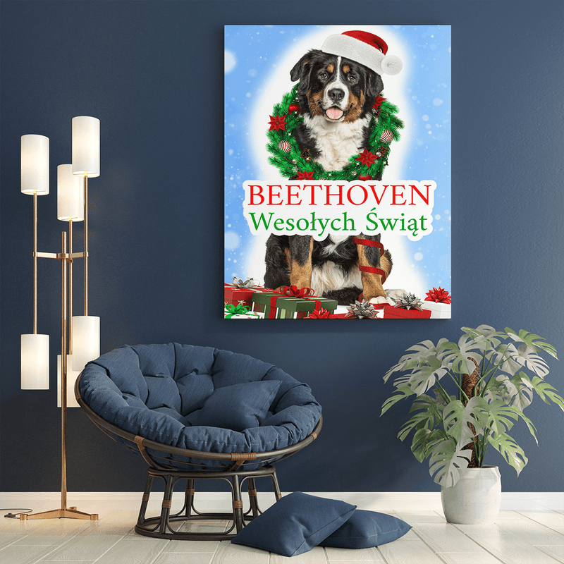 Świąteczny plakat z psem - druk na płótnie, spersonalizowany prezent dla właściciela psa - Adamell.pl