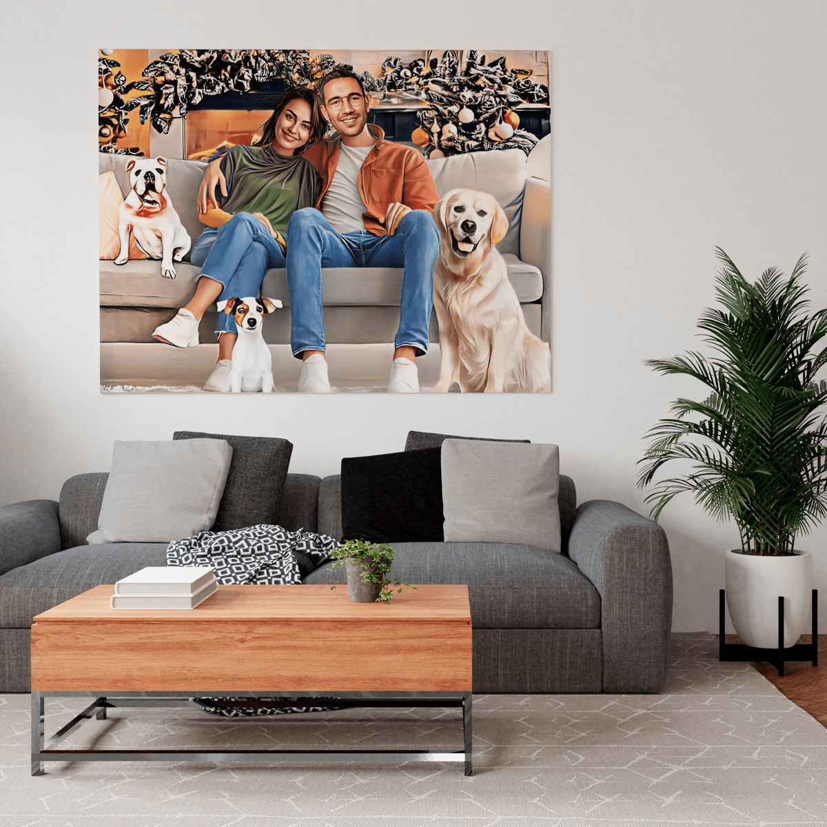 Świąteczny portret z psami - druk na płótnie, spersonalizowany prezent dla żony - Adamell.pl