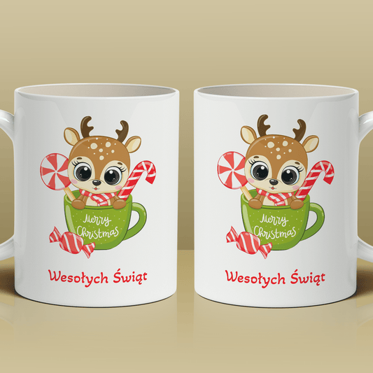 Świąteczny renifer - 1x Kubek z nadrukiem, spersonalizowany prezent dla dziecka - Adamell.pl