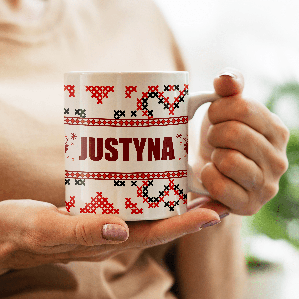 Świąteczny wzór + imię - 1x Kubek z nadrukiem, spersonalizowany prezent dla siostry - Adamell.pl