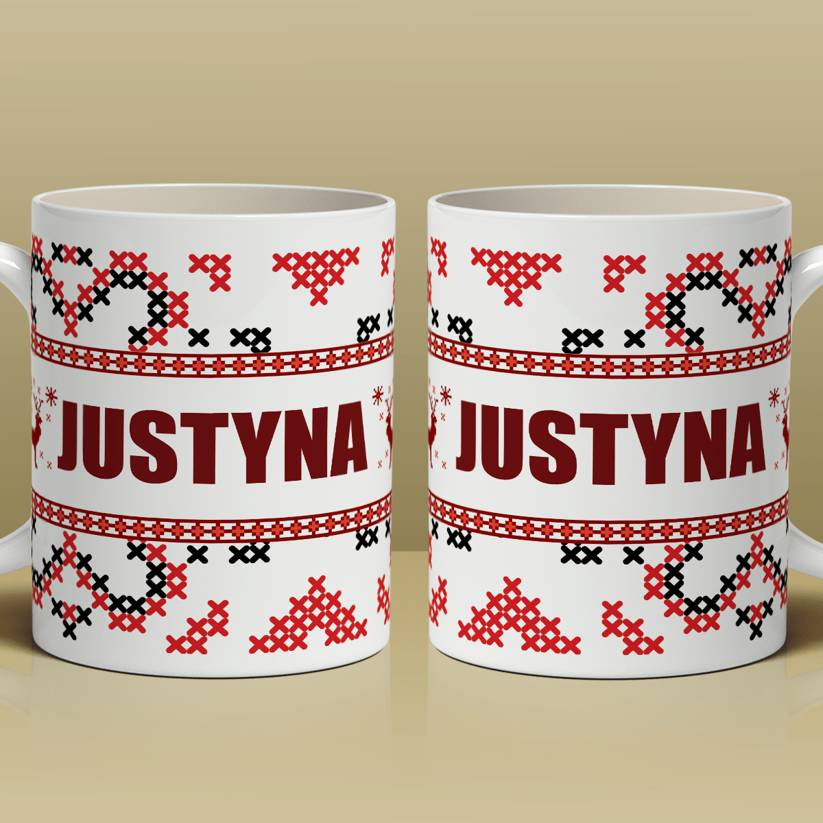 Świąteczny wzór + imię - 1x Kubek z nadrukiem, spersonalizowany prezent dla siostry - Adamell.pl