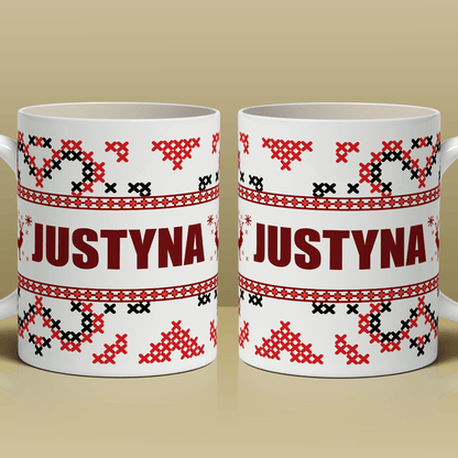 Świąteczny wzór + imię - 1x Kubek z nadrukiem, spersonalizowany prezent dla siostry - Adamell.pl