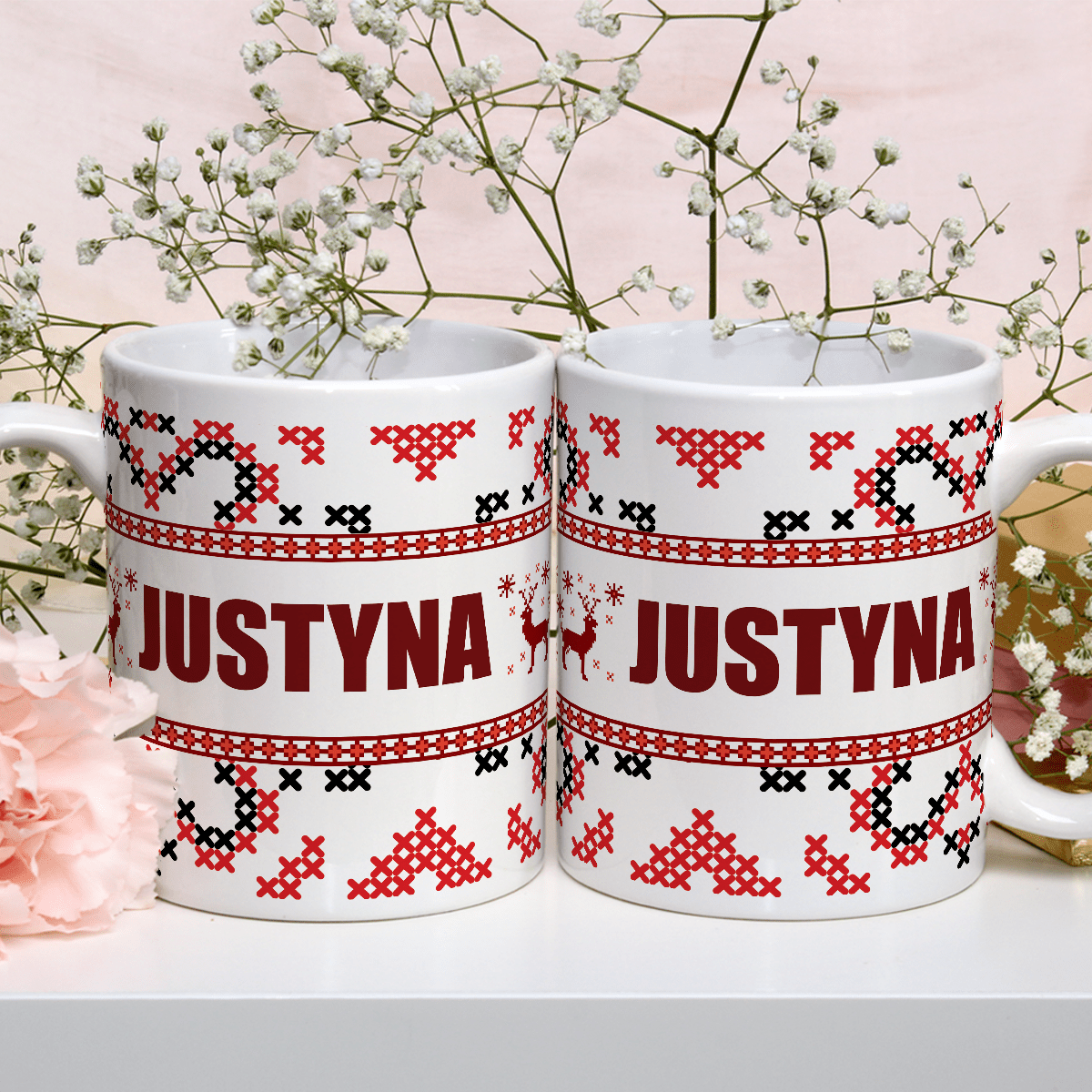 Świąteczny wzór + imię - 1x Kubek z nadrukiem, spersonalizowany prezent dla siostry - Adamell.pl