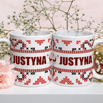 Świąteczny wzór + imię - 1x Kubek z nadrukiem, spersonalizowany prezent dla siostry - Adamell.pl