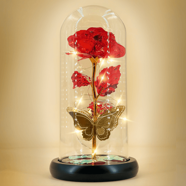 Świecąca róża wieczna w szkle z motylem + GRATISY - Adamell.pl