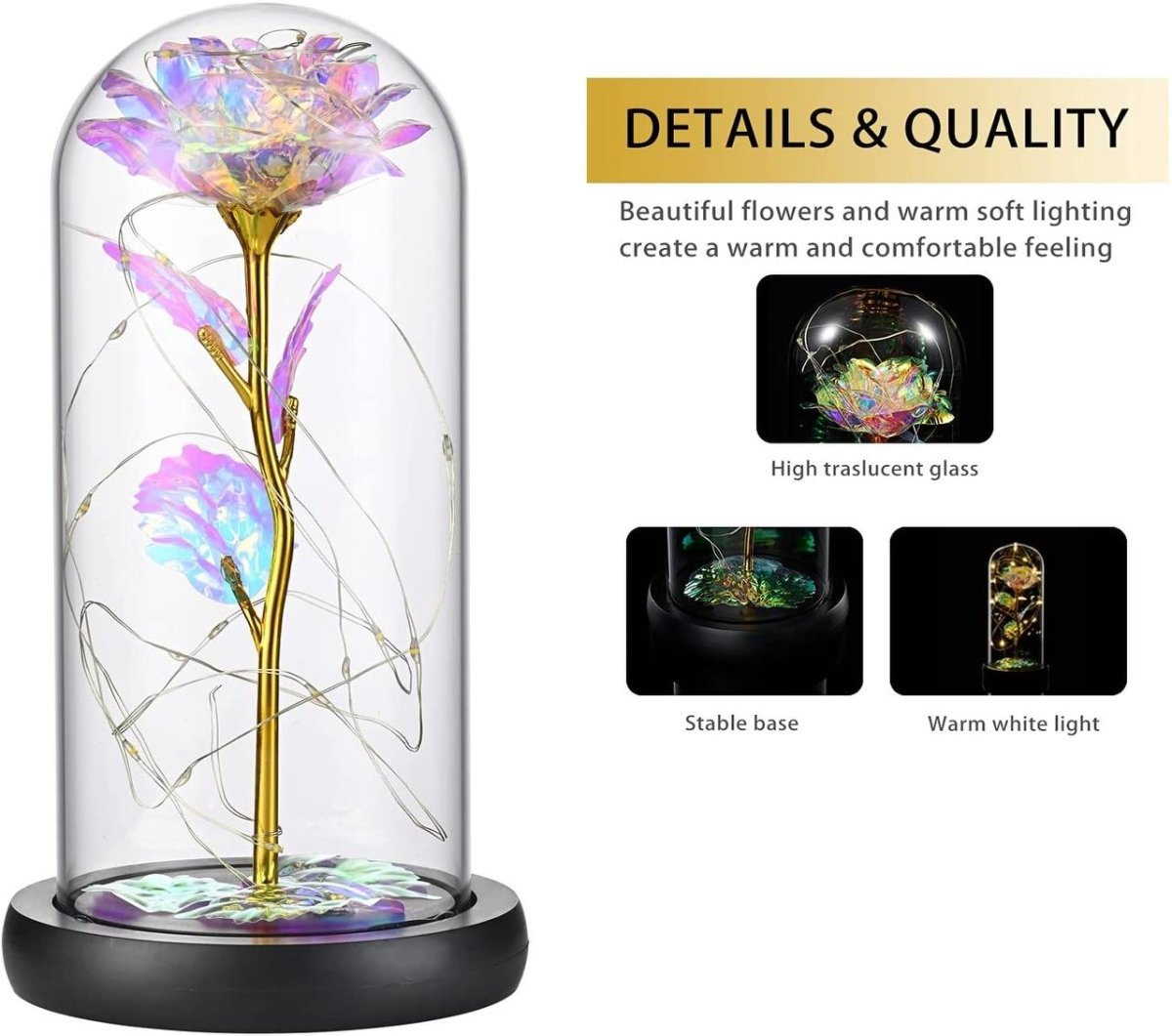 Tęczowa róża wieczna świecąca w szkle LED, Wyjatkowy pomysł na prezent dla dziewczyny, przyjaciółki, kobiety, najlepsze na walentynki, na 18 urodziny - Adamell.pl - Wyjątkowe Prezenty
