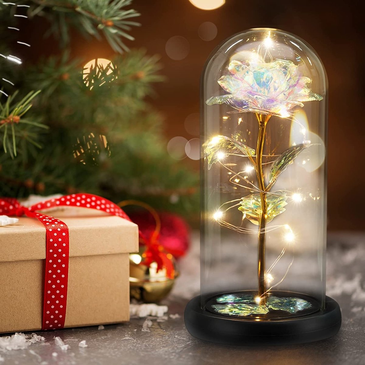 Tęczowa róża wieczna świecąca w szkle LED, Wyjatkowy pomysł na prezent dla dziewczyny, przyjaciółki, kobiety, najlepsze na walentynki, na 18 urodziny - Adamell.pl - Wyjątkowe Prezenty