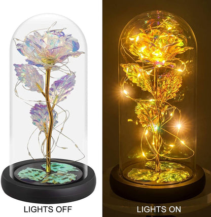 Tęczowa róża wieczna świecąca w szkle LED, Wyjatkowy pomysł na prezent dla dziewczyny, przyjaciółki, kobiety, najlepsze na walentynki, na 18 urodziny - Adamell.pl - Wyjątkowe Prezenty