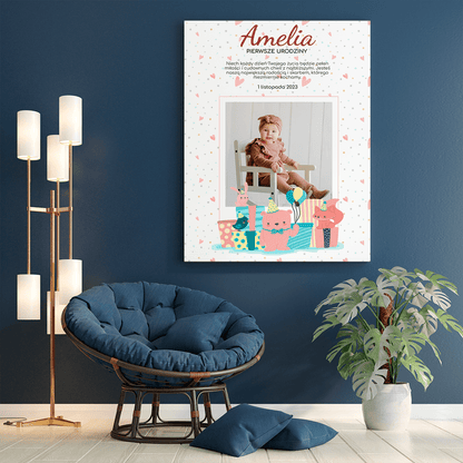 Twoje pierwsze urodziny - druk na płótnie, spersonalizowany prezent dla dziecka - Adamell.pl