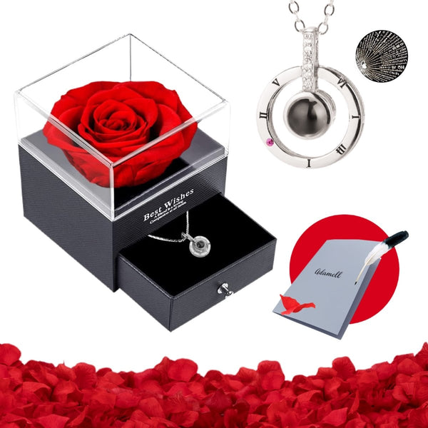Wieczna Róża w pudełku z wisiorkiem, Wyjatkowy pomysł na prezent dla dziewczyny, przyjaciółki, kobiety, najlepsze na walentynki, na 18 urodziny - Adamell.pl - Wyjątkowe Prezenty