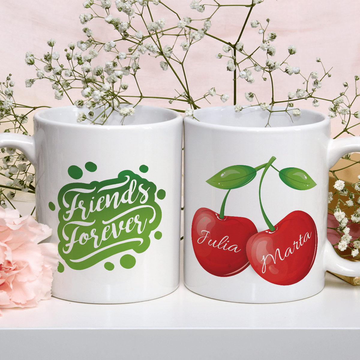 Wiśnie grafika + imiona - 1x Kubek z nadrukiem, spersonalizowany prezent dla przyjaciółki - Adamell.pl