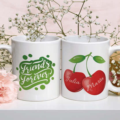 Wiśnie grafika + imiona - 1x Kubek z nadrukiem, spersonalizowany prezent dla przyjaciółki - Adamell.pl