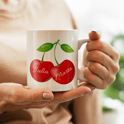 Wiśnie grafika + imiona - 1x Kubek z nadrukiem, spersonalizowany prezent dla przyjaciółki - Adamell.pl