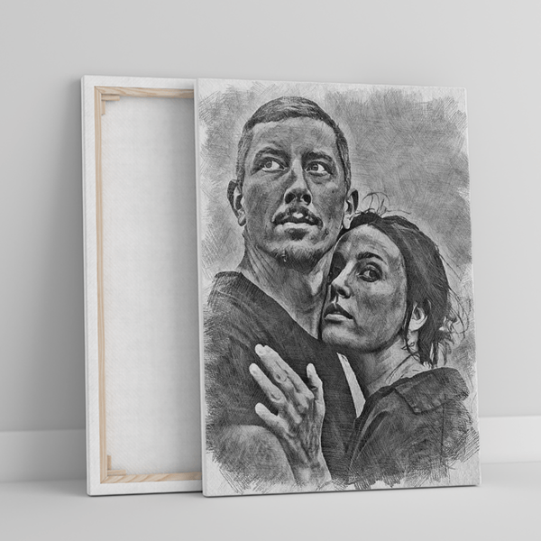 Wspólny portret pary szkic ołówkiem - druk na płótnie, spersonalizowany prezent dla męża - Adamell.pl