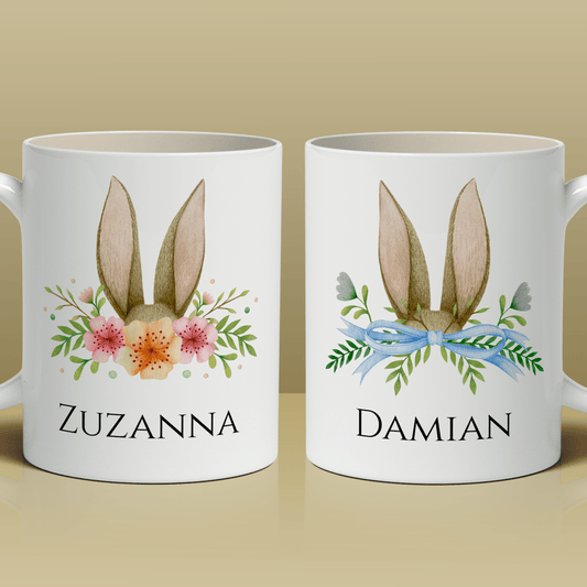 Zajączek w kwiatach - 1x Kubek z nadrukiem, spersonalizowany prezent dla pary - Adamell.pl