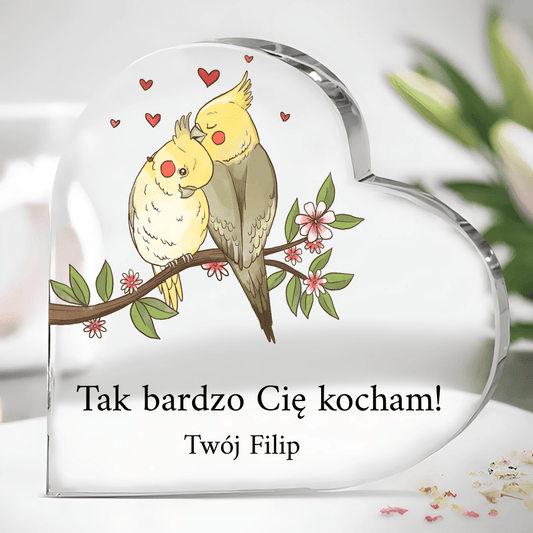 Zakochane ptaszki - Szklane serce, spersonalizowany prezent dla niej - Adamell.pl